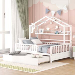 harper & bright designs full house bed with trundle, wood full kids bed frame with shelf, full size house bed for kids with roof for girls, boys,no box spring needed (full, white)