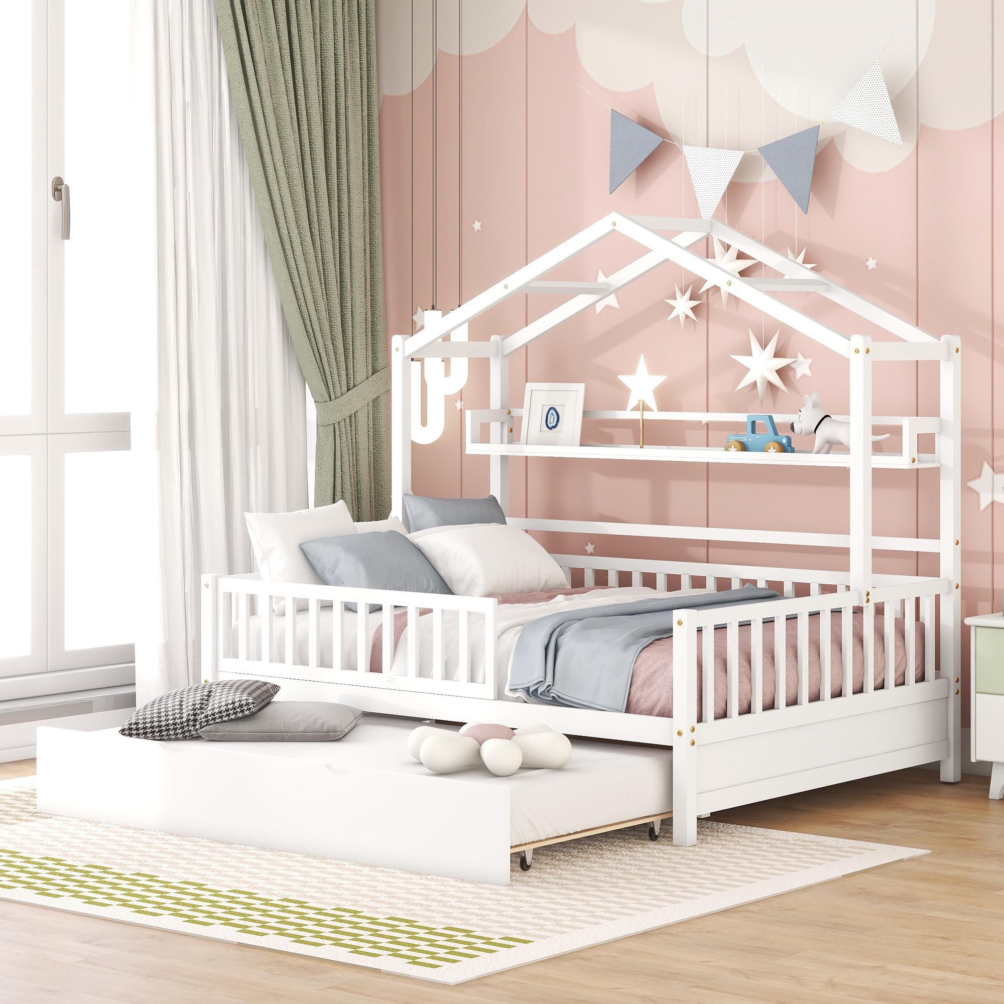 Harper & Bright Designs Full House Bed with Trundle, Wood Full Kids Bed Frame with Shelf, Full Size House Bed for Kids with Roof for Girls, Boys,No Box Spring Needed (Full, White)