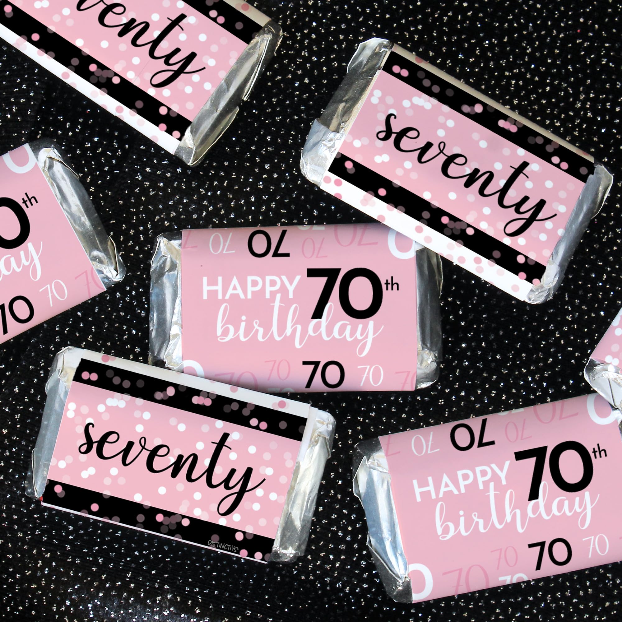 DISTINCTIVS Pink, Black, and White 70th Birthday Party Mini Candy Bar Wrappers - 45 Count, 70th Birthday Decorations for Women