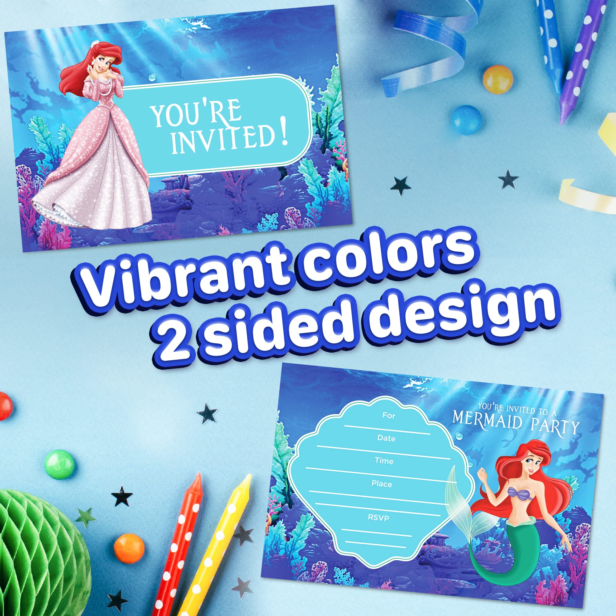 Set of 20 Undersea Princess Inspired Happy Birthday Invitation Cards & Envelopes – Lightweight (240g), Postcard Style Invites for the Perfect Party Pack