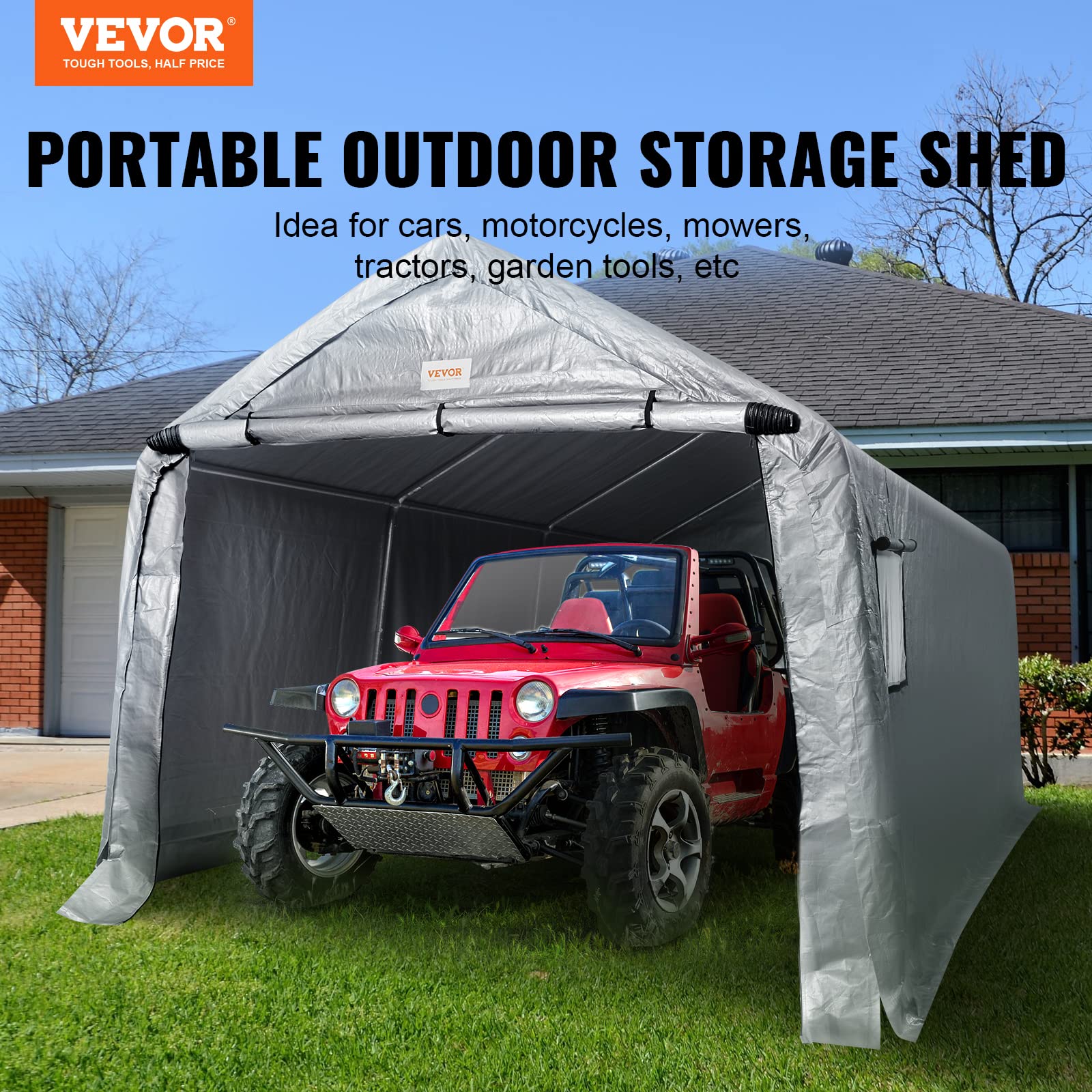 VEVOR Outdoor Portable Storage Shelter Shed, 10x15x8ft Heavy Duty Instant Garage Tent Canopy Carport with Roll-up Zipper Door and Ventilated Windows for Cars, Motorcycle, Bike, Garden Tools