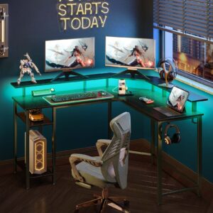 Rolanstar L Shaped Gaming Desk with LED Lights & Power Outlets, 46.2" Computer Desk with Full Monitor Stand & Storage Shelf, Corner Desk with Hooks, Black Desk Reversible