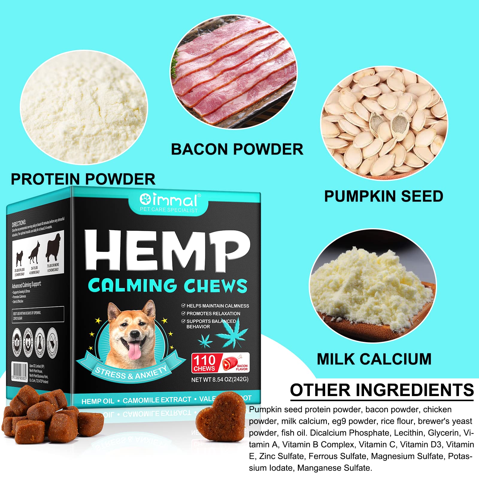 Oimmal Hemp Calming Chews for Dogs - Calming Treats for Dogs with Hemp + Valerian Root, Stress & Dog Anxiety Relief - Calming Dog Treats Helps Aid with Thunder, Fireworks, Chewing & Barking