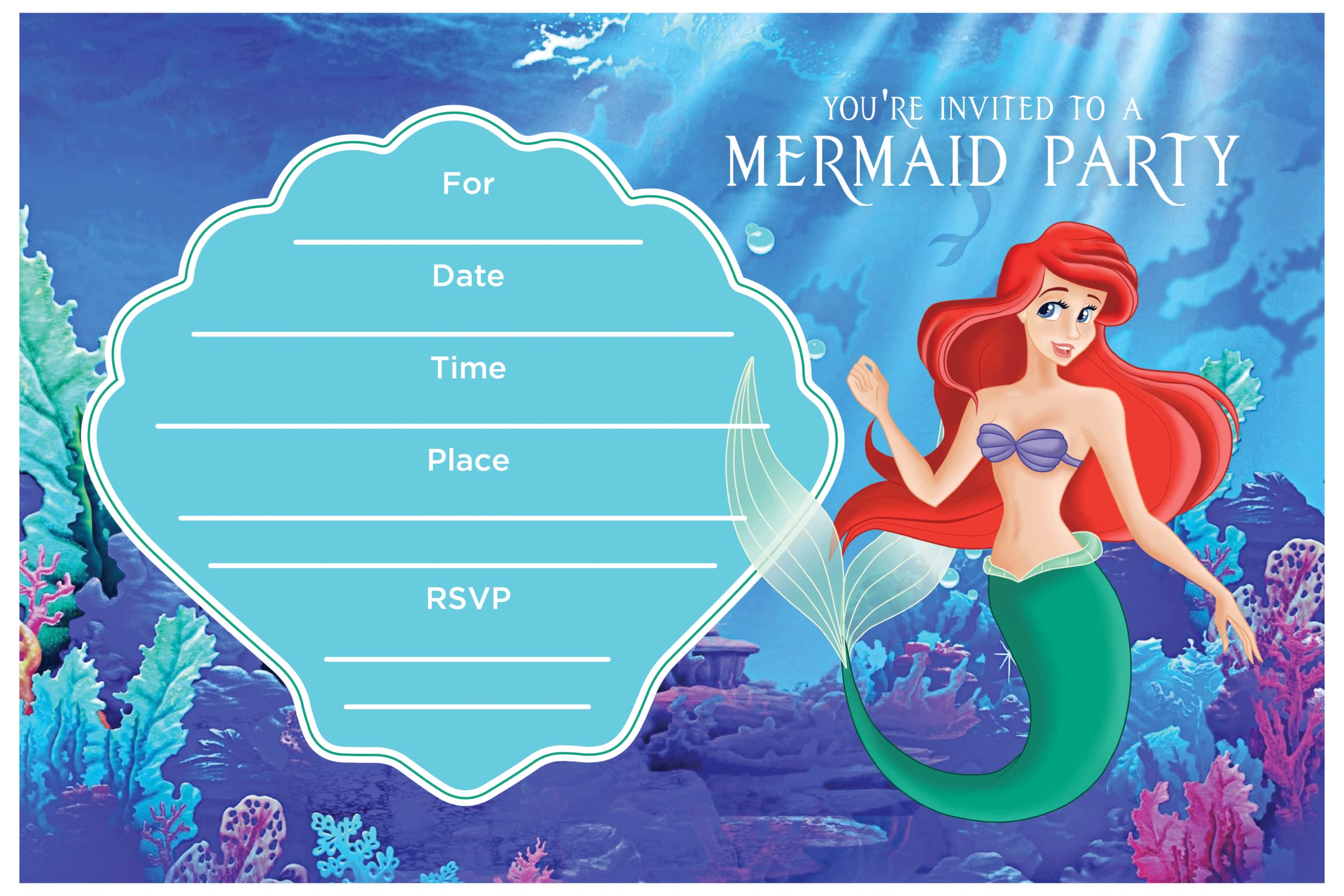 Set of 20 Undersea Princess Inspired Happy Birthday Invitation Cards & Envelopes – Lightweight (240g), Postcard Style Invites for the Perfect Party Pack