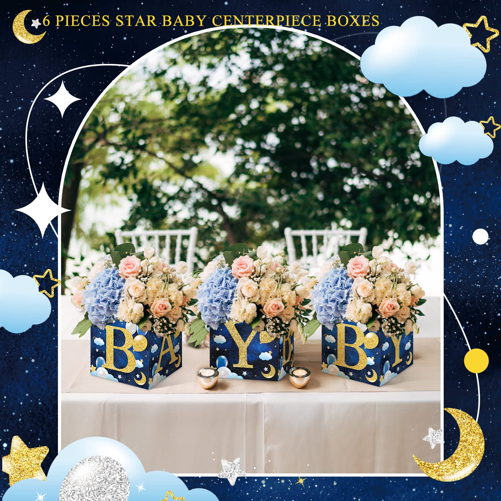 SATINIOR 6 Pieces Star Baby Shower Centerpieces Navy Blue Flower Boxes Baby Shower Party Arrangement Favor Blocks Holder Floral Table Display for Baby Shower Gender Reveal