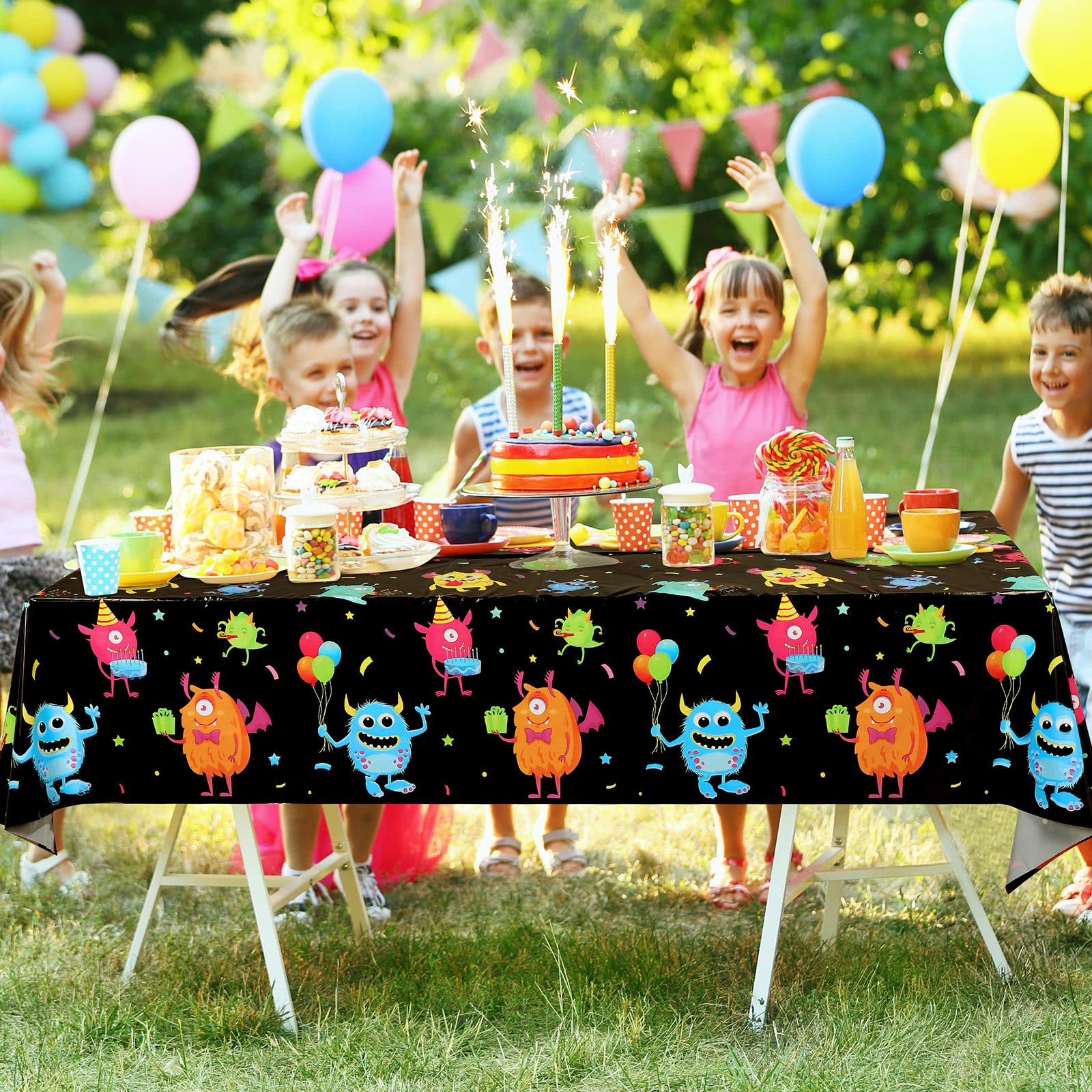 Buryeah 3 Pieces Monster Party Table Covers Plastic Little Monster Table Cloths Monster Birthday Party Tablecloth for Kids Boys Birthday Party Decoration Supplies, 54 x 108 Inch