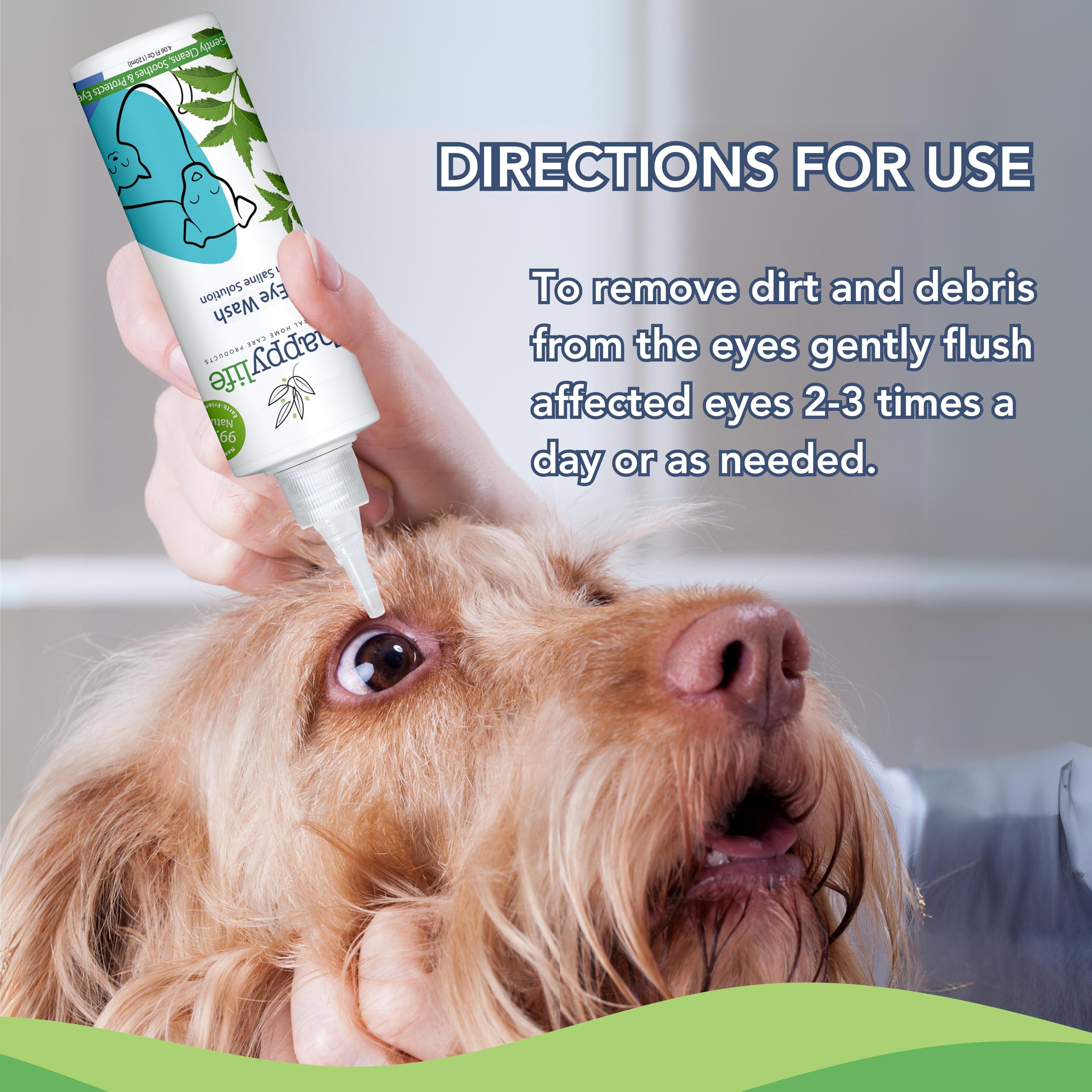 Happy Life Naturals-Dog Eye Wash Solution- Premium Eye Drops for Dogs and All kinds of Pets- Dog Eye Drops for Infection, Clears Tear Stains, Soothes Irritations- Neem Extract, Saline Solution - 120ml