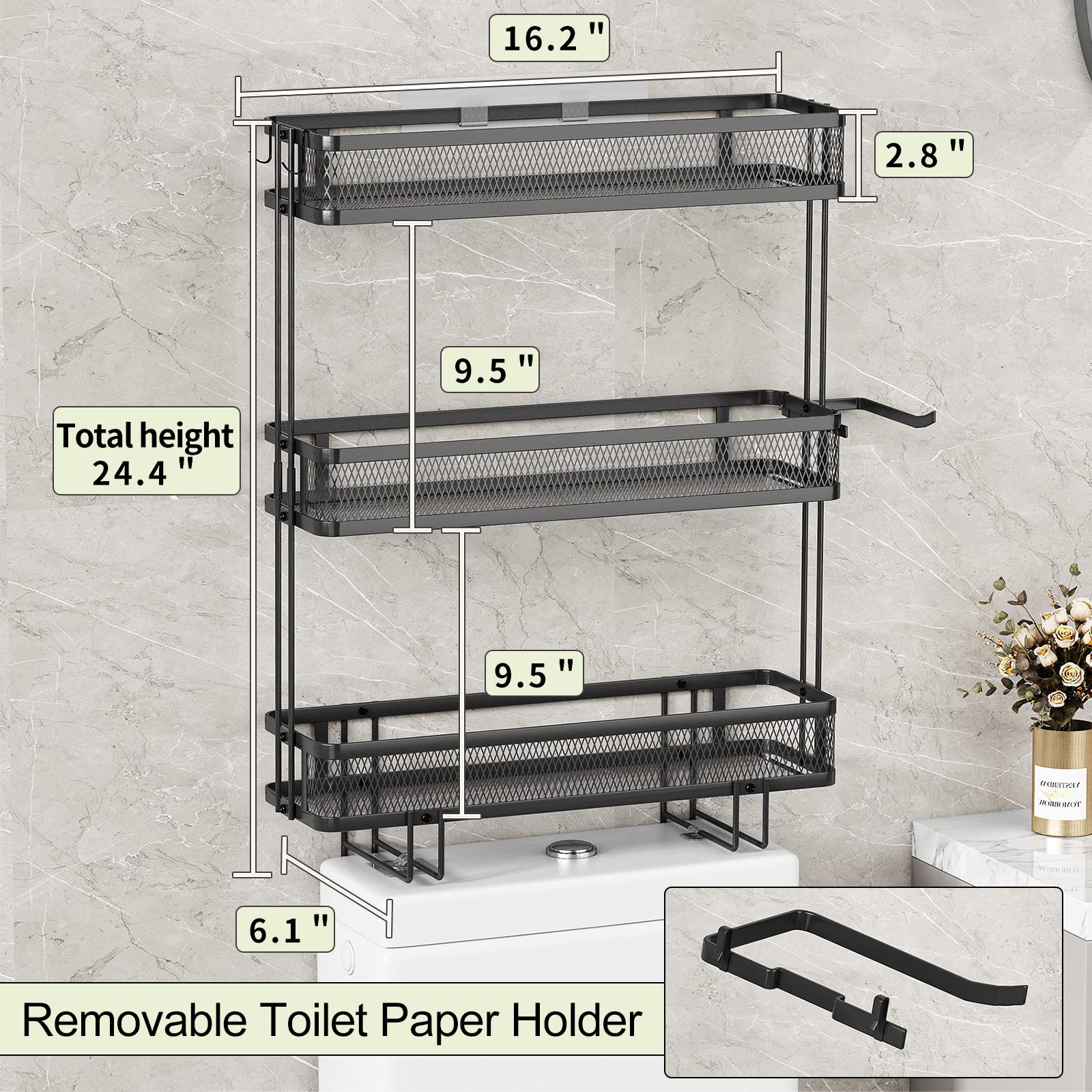 Fokyfok Over Toilet Bathroom Organizer, Over The Toilet Storage Shelf,Behind Toilet Shelf Rack,Above Toilet Storage, Back of Toilet Organizer,3 Tier Metal Black Large