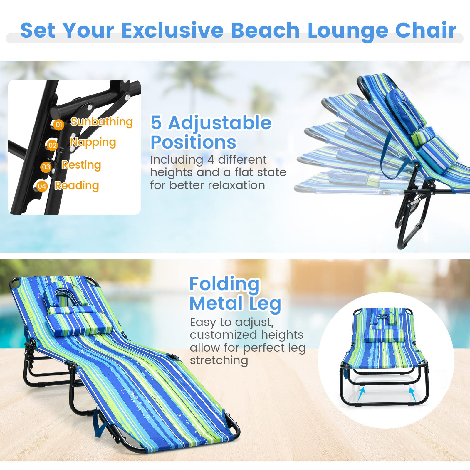 Tangkula Beach Lounge Chair, Folding Sunbathing Recliner with Face Hole, Face Down Tanning Chair with 5-Level Adjustable Backrest & 3 Removable Pillows, Chaise Lounge Chair for Patio (1, Stripe)