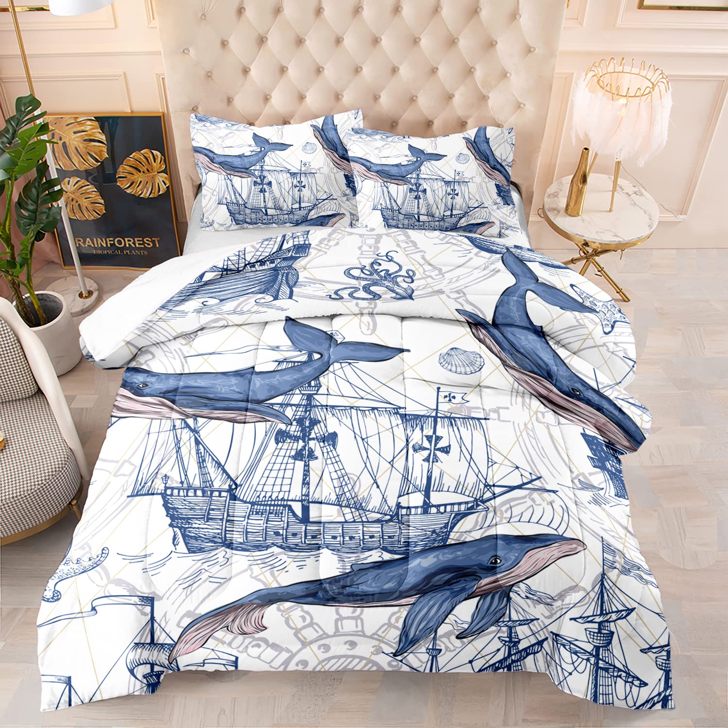 CVHOUSE Whale Comforter Set Twin Size,Ocean Theme Bedding Set for Kids,Whale Nautical Sailing Quilt Set Ocean Duvet Set Ocean Decor 3 Pieces