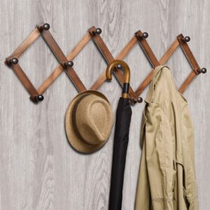 amber home wood accordion wall rack 13 hooks (pegs), expandable wall mounted hanger for coat, hat, scarf, coffee mugs, x shape coat hooks (antique retro color)