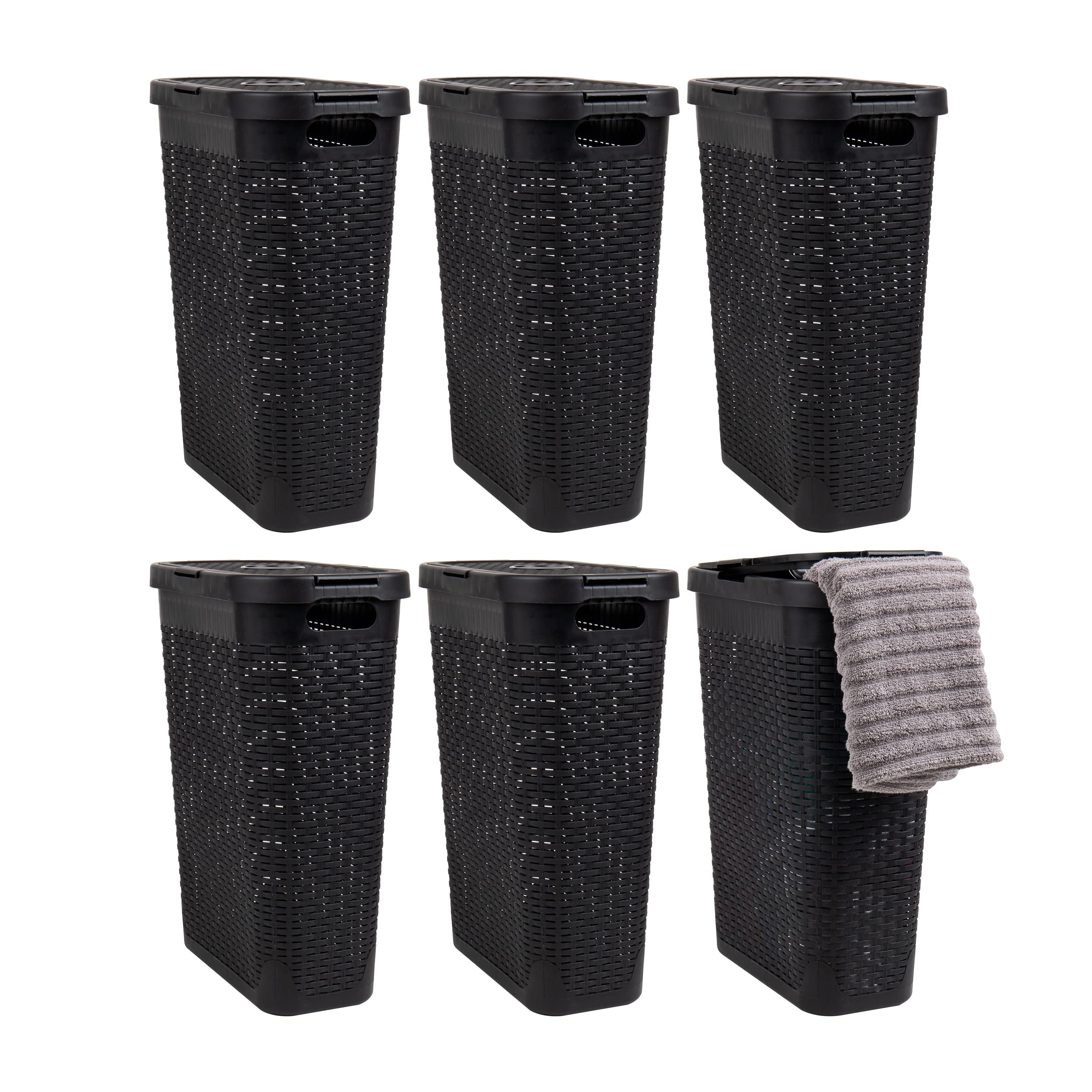 Mind Reader 40L Slim Laundry Hamper, Clothes Basket, Lid, Wicker Design, Plastic, 18"L x 10.4"W x 23.5"H, Set of 6, Black