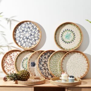 Round Rattan Tray with Mother of Pearl Inlay, Rattan Serving Tray with Wooden Base, Decorative Wicker Basket for Table Decor, Storage and Display of Coffee Bread Food Fruit (Leaf)