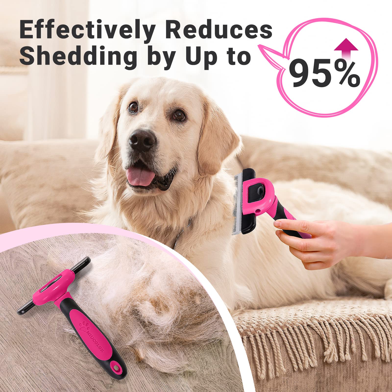 MIU COLOR Pet Grooming Brush, Deshedding Tool for Dogs & Cats, Effectively Reduces Shedding by up to 95% for Short Medium and Long Pet Hair, Hot Pink