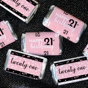 DISTINCTIVS Pink, Black, and White 21st Birthday Party Mini Candy Bar Wrappers - 45 Count - Milestone Birthday Party Supplies