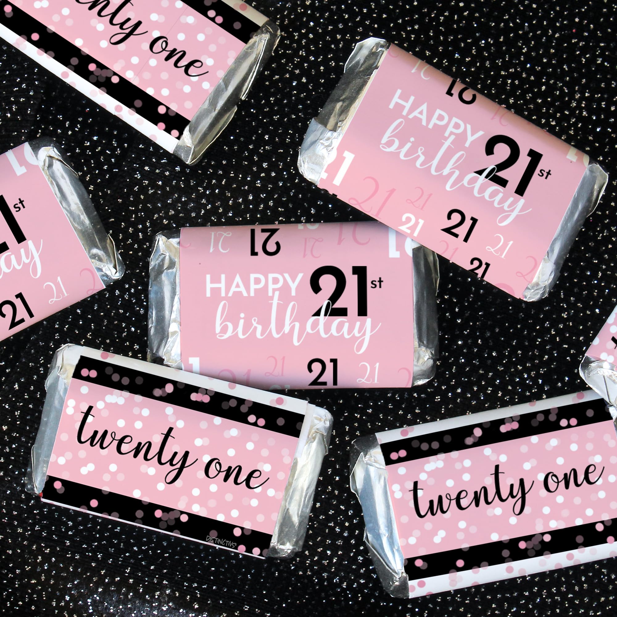 DISTINCTIVS Pink, Black, and White 21st Birthday Party Mini Candy Bar Wrappers - 45 Count - Milestone Birthday Party Supplies