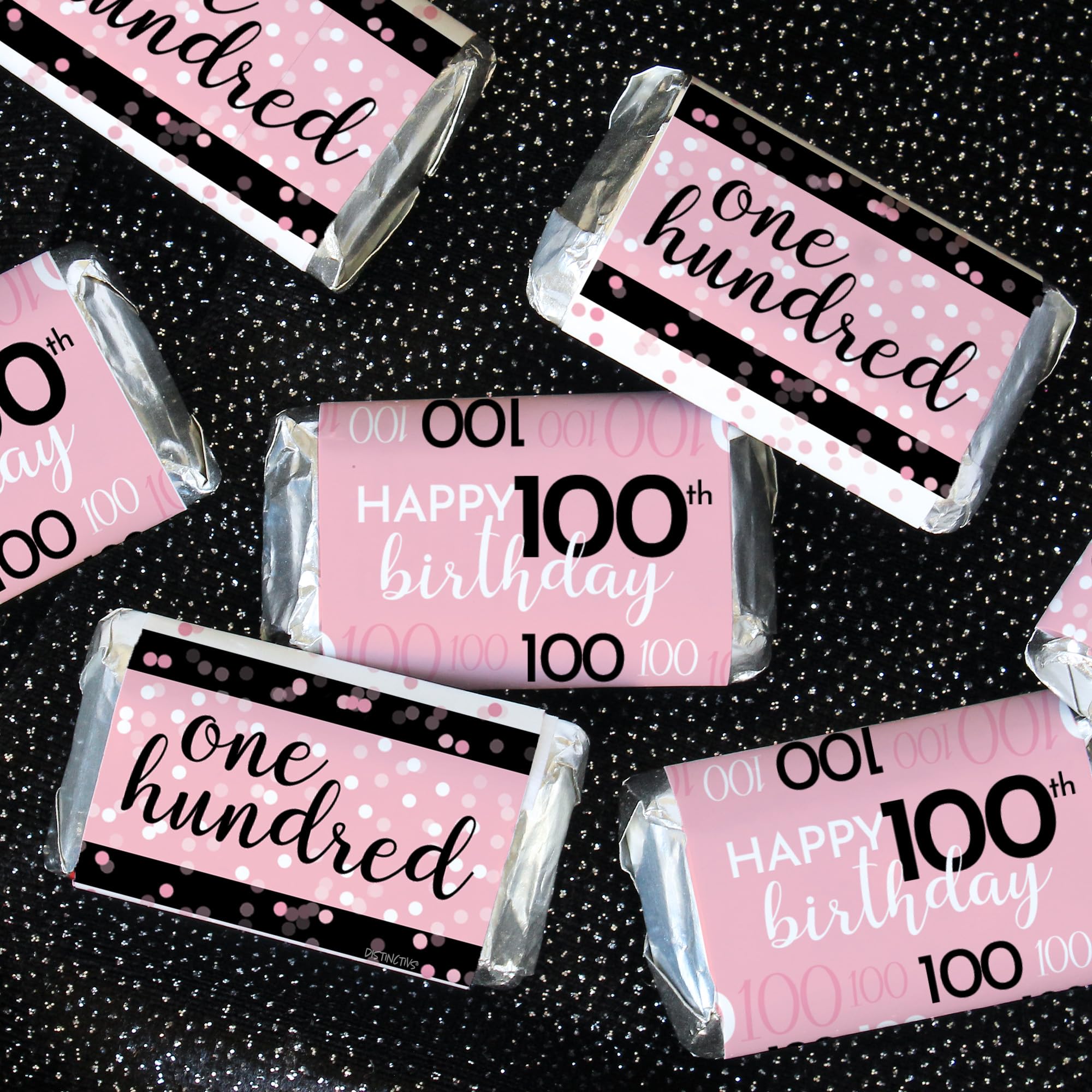 DISTINCTIVS Pink, Black, and White 100th Birthday Party Mini Candy Bar Wrappers - 45 Count - Pink Birthday Decorations for Women