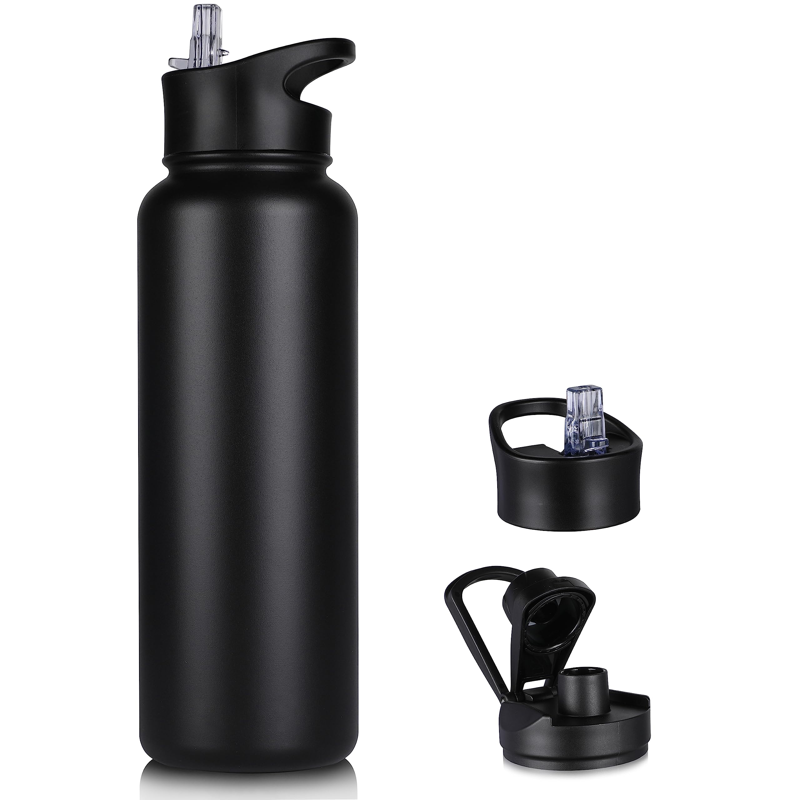 VQRRCKI 40 oz Insulated Water Bottle with Straw, Stainless Steel Sports Water Bottles with 2 Lids (Straw and Wide Mouth lid), Double Wall Vacuum, Leakproof, BPA-Free, Black