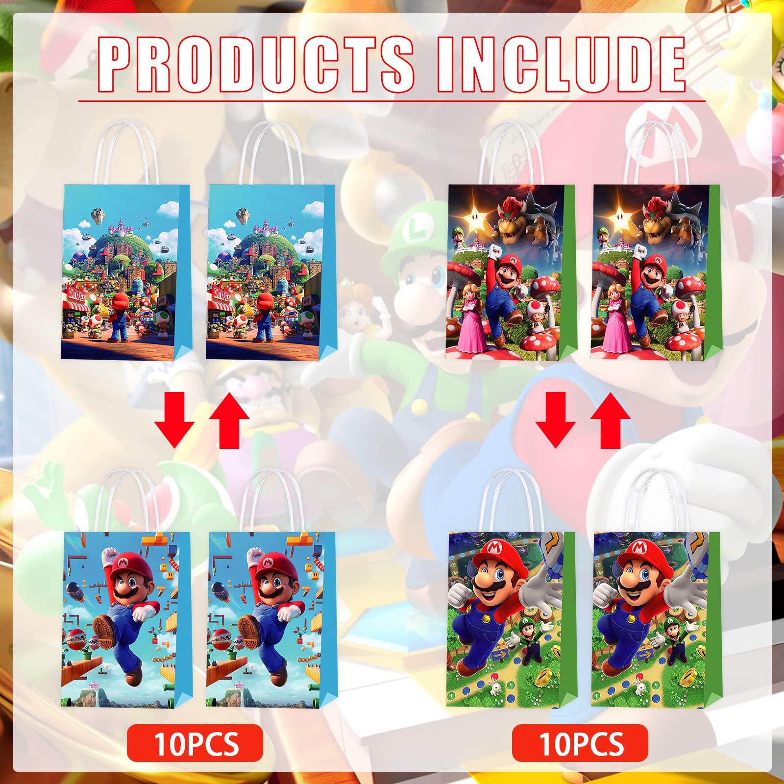 20 Packs Mario Party Favor Bags, Mario Gift Bags Party Supplies for Kids Party, Birthday Candy Goodie Bags Treat Bags for Girls or Boys Party Decorations