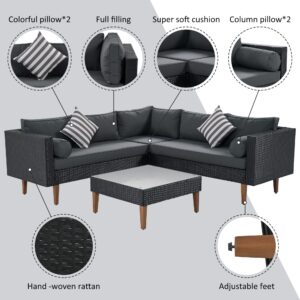 Merax 4 Pieces Patio Conversation Sets,Outdoor Rattan Sectional Sofa Couch Furniture with Cushions Pillows and Coffee Table, Black