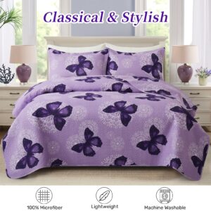 ARTALL 3-Piece Butterfly Printed Quilt Set Soft Microfiber Lightweight Bedspread Coverlet Throw Blanket with 2 Pillow Shams All Season for Adults Teens Girls, Purple, Full/Queen