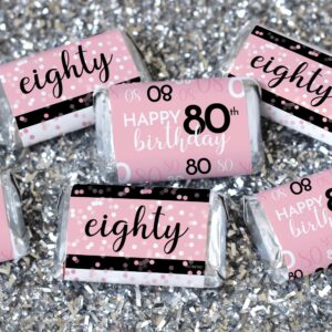 DISTINCTIVS Pink, Black, and White 80th Birthday Party Mini Candy Bar Wrappers - 45 Count, 80th Birthday Decorations for Women