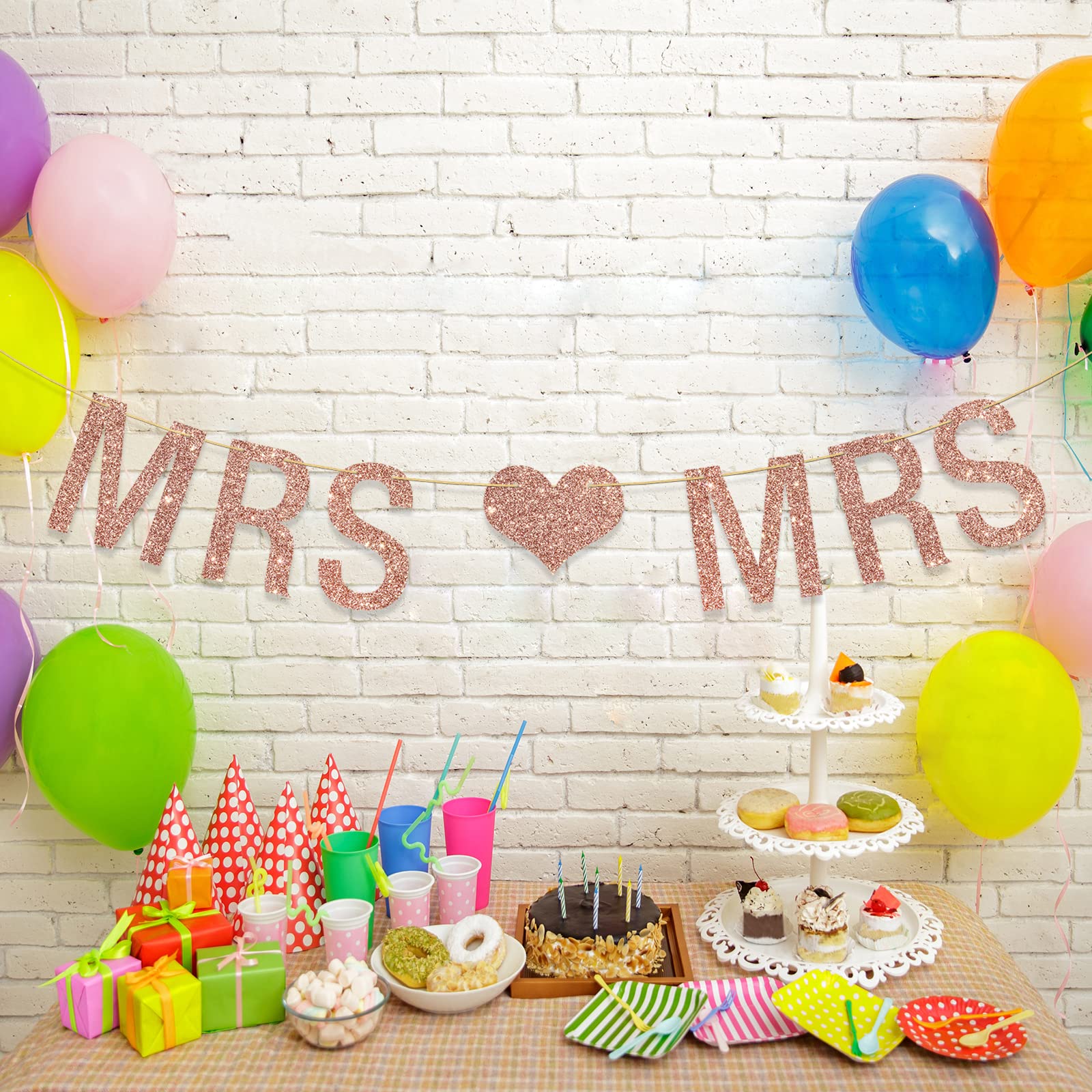 Mrs & Mrs Banner, Lesbian Theme Banner for Female's Bridal Shower/Wedding/Engagement/Anniversary Party Decorations Supplies, Gift for Lesbian Couple, Love is Love, Rose Gold Glitter