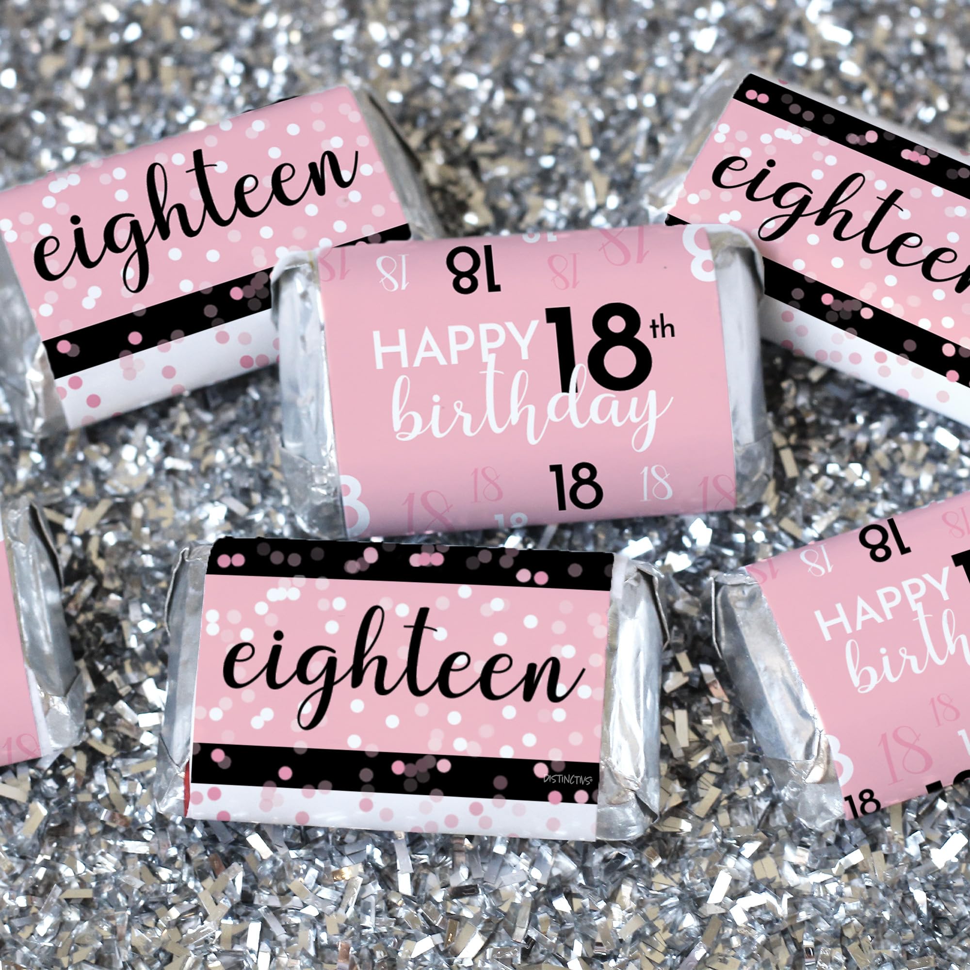 DISTINCTIVS Pink, Black, and White 18th Birthday Party Mini Candy Bar Wrappers - 45 Count, 18th Birthday Decorations for Girls Pink