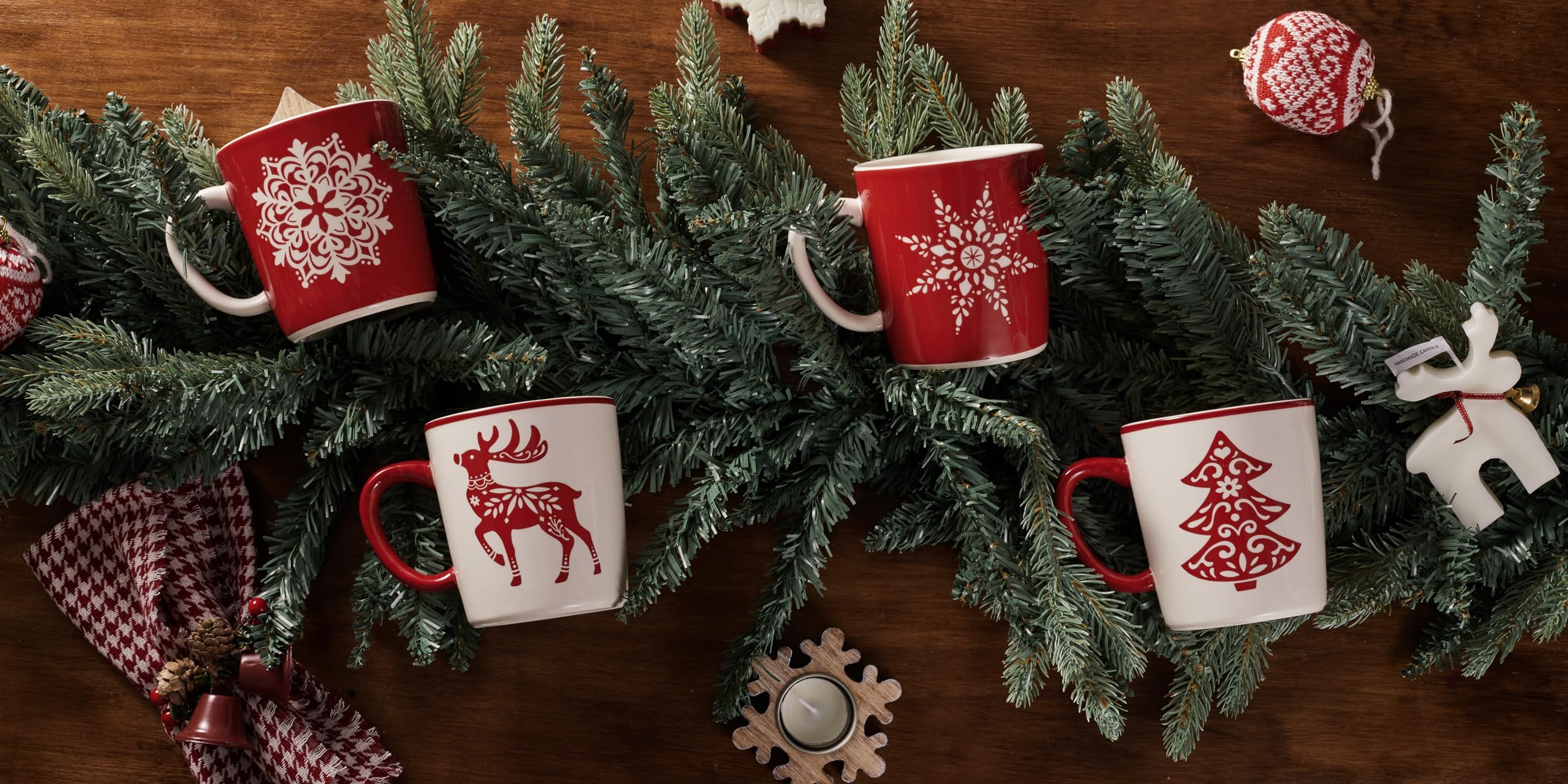 Bico Holly Jolly Ceramic Mugs, Set of 4, for Coffee, Tea, Drinks, Microwave & Dishwasher Safe