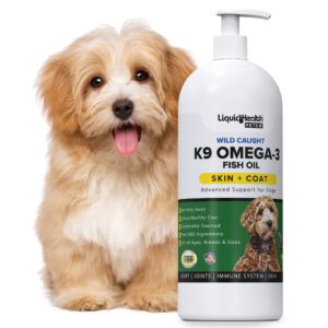 liquid health pets k9 omega 3 fish oil for dogs - liquid omega 3 for dogs with epa + dpa + dha, dog shedding suplement may reduce itching and support joint, immunity, brain & heart health (16 oz)