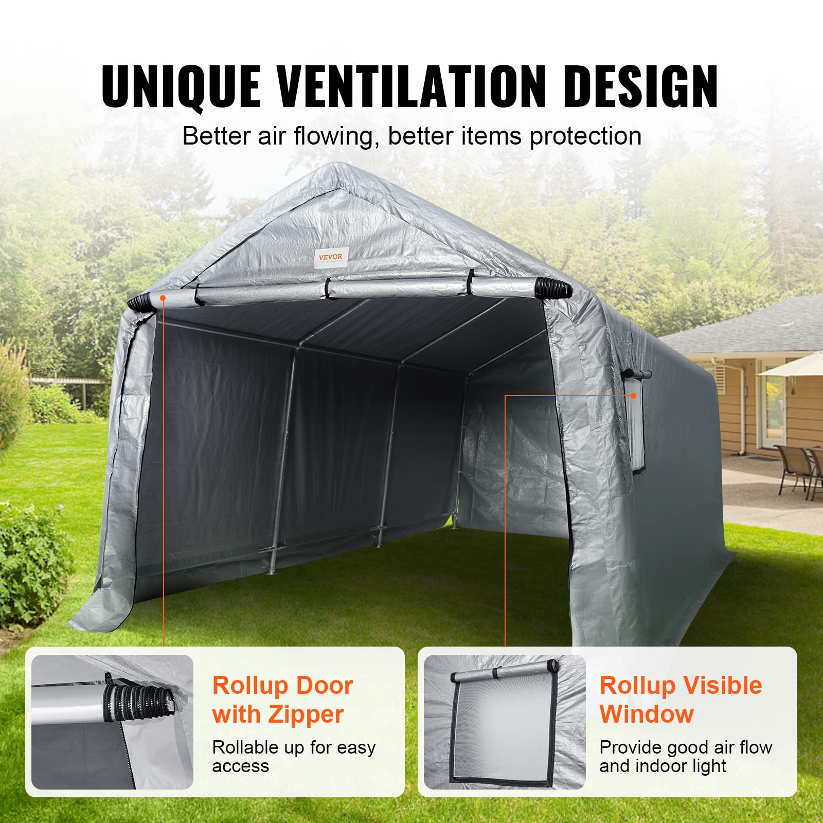 VEVOR Outdoor Portable Storage Shelter Shed, 10x15x8ft Heavy Duty Instant Garage Tent Canopy Carport with Roll-up Zipper Door and Ventilated Windows for Cars, Motorcycle, Bike, Garden Tools