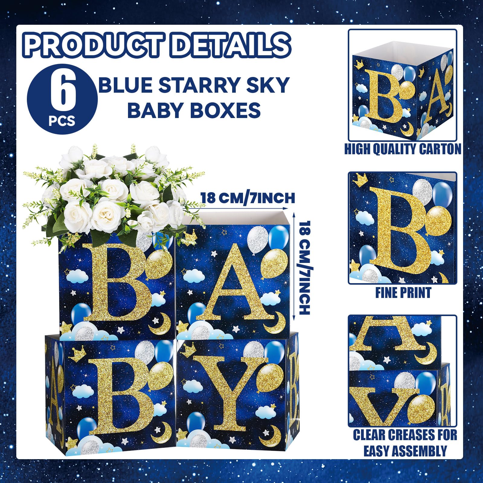 SATINIOR 6 Pieces Star Baby Shower Centerpieces Navy Blue Flower Boxes Baby Shower Party Arrangement Favor Blocks Holder Floral Table Display for Baby Shower Gender Reveal