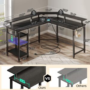 Rolanstar L Shaped Gaming Desk with LED Lights & Power Outlets, 46.2" Computer Desk with Full Monitor Stand & Storage Shelf, Corner Desk with Hooks, Black Desk Reversible