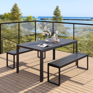 vicllax patio dining set for 4, all weather outdoor furniture set include reclangle patio table and 2 grey outdoor benches