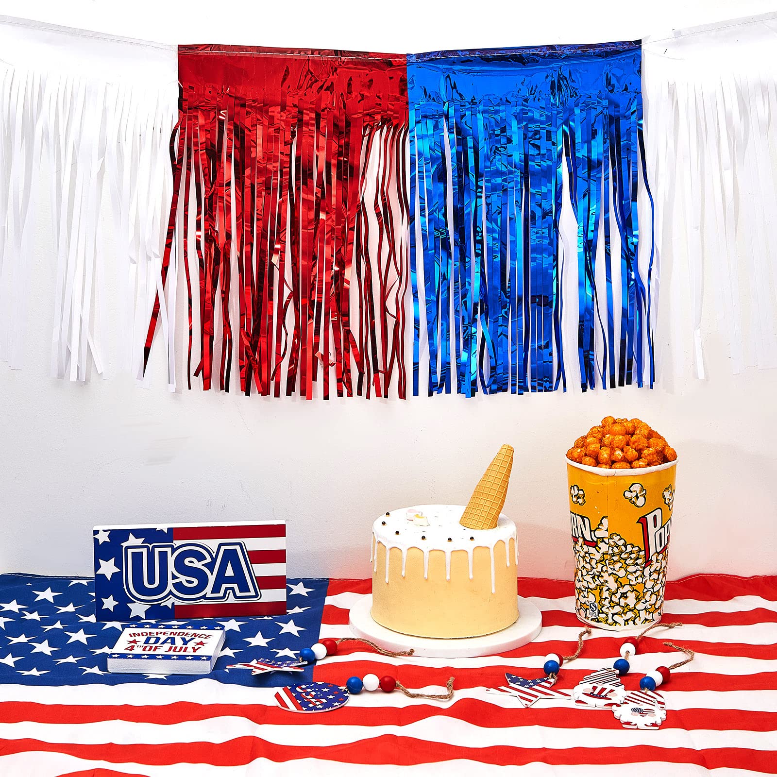 Glimin 5pcs Graduation Party Decorations 50 ft x 15 Inch Metallic Foil Patriotic Grad Parade Float Fringe Garland Banner Hanging Streamers for Party Supplies(Red White Blue)