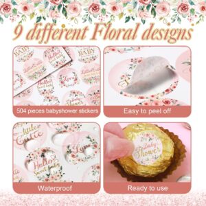 Colarr 504 Pcs Floral Baby Shower Favors Stickers Pink Floral Baby Shower Label Stickers Baby Shower Kisses Stickers Little Cutie Baby Shower Sticker Decoration for Baby Shower Sprinkle Birthday Party