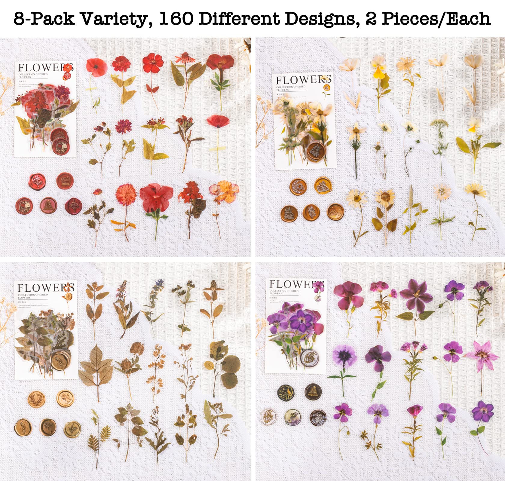 Knaid Pressed Flower Themed Stickers Set (320 Pieces) Dried Flowers Resin Stickers Decals Floral Botanical Journaling Stickers for Scrapbook Supplies Junk Journal Bullet Journal Planner Laptops