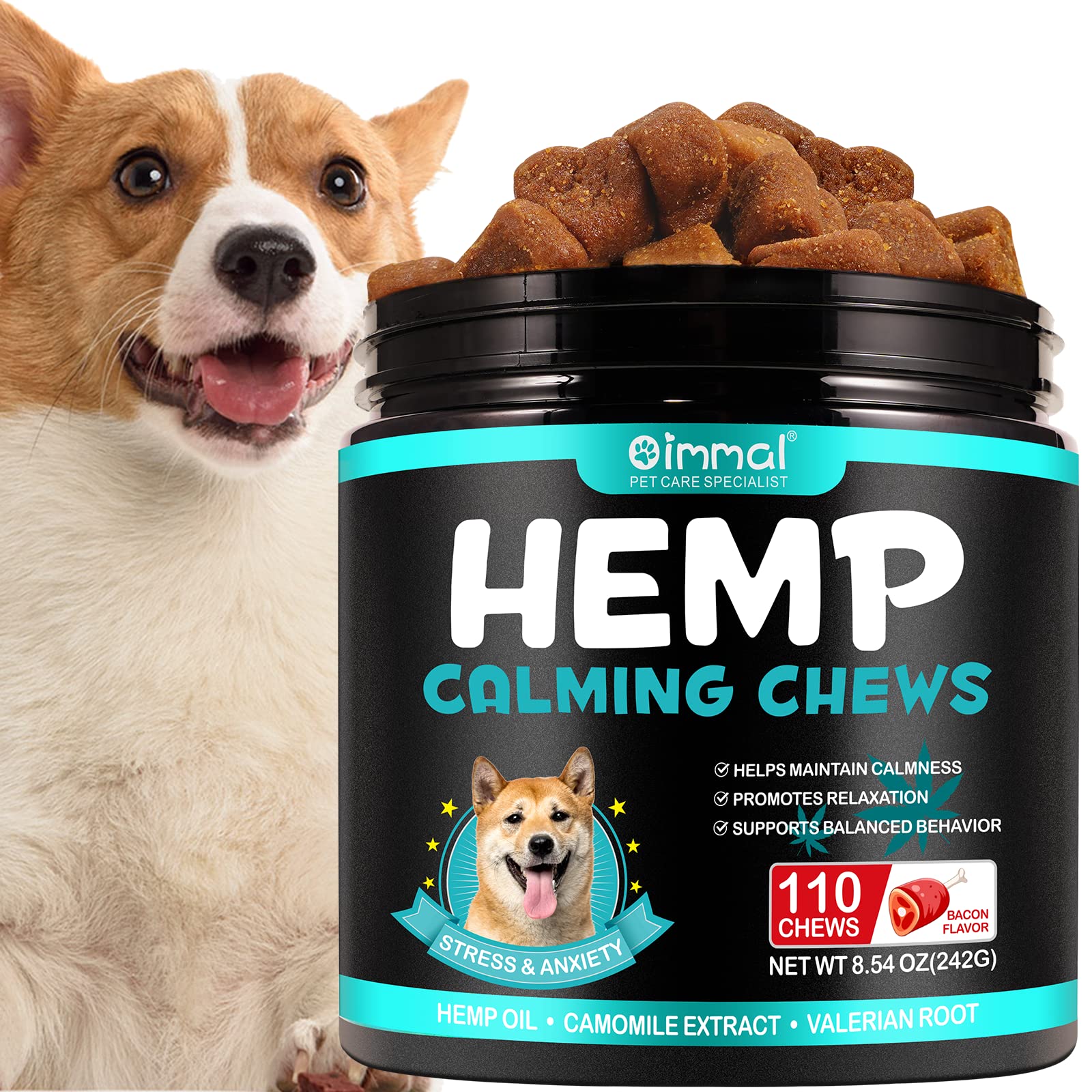 Oimmal Hemp Calming Chews for Dogs - Calming Treats for Dogs with Hemp + Valerian Root, Stress & Dog Anxiety Relief - Calming Dog Treats Helps Aid with Thunder, Fireworks, Chewing & Barking