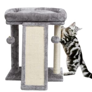 syandlvy small cat tree with scratching post, cat scratching board for adults, cat post scratcher for indoor cats, 2 dangling balls great for kittens (light grey)