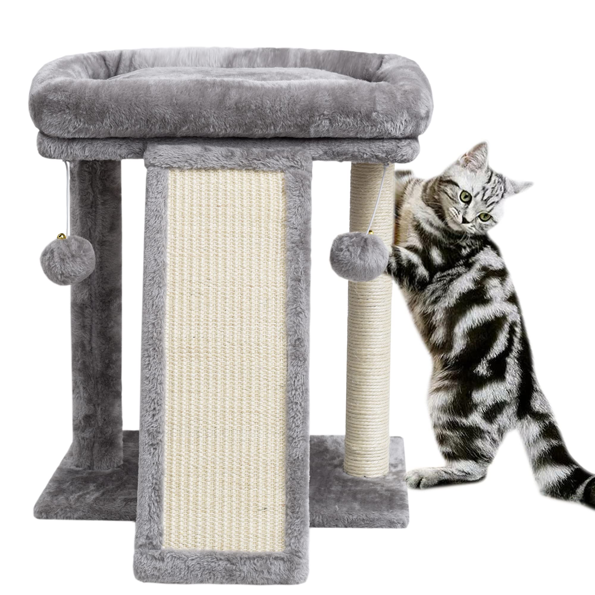 SYANDLVY Small Cat Tree with Scratching Post, Cat Scratching Board for Adults, Cat Post Scratcher for Indoor Cats, 2 Dangling Balls Great for Kittens (Light Grey)