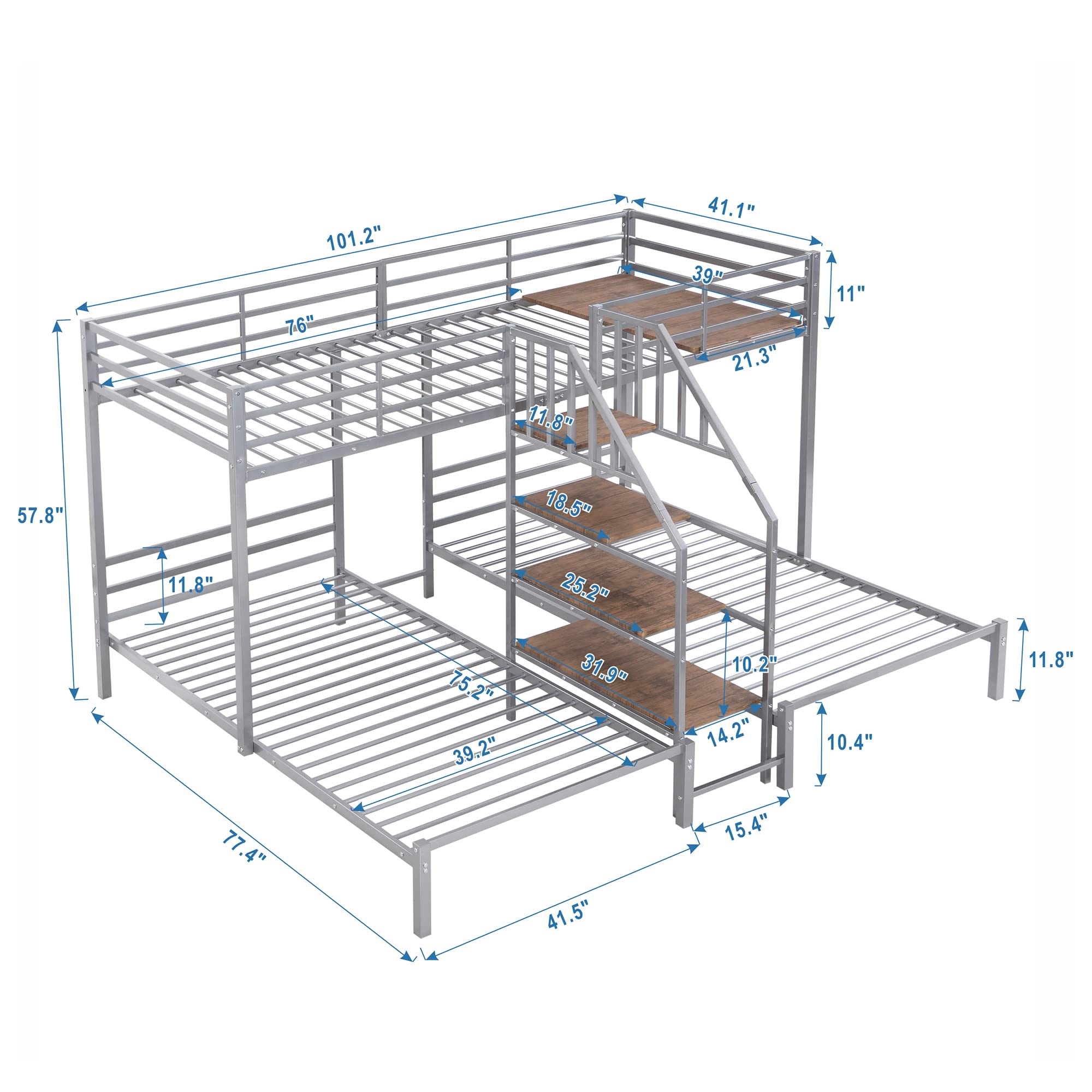 Bellemave Triple Bunk Bed with Storage Stairs Twin Over Two Twin Bunk Beds Metal Bunk Bed for 3 Kids with Storage Shelf for Three Boys Girls Teens, Silver