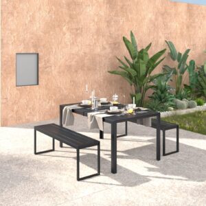 VICLLAX Patio Dining Set for 4, All Weather Outdoor Furniture Set Include Reclangle Patio Table and 2 Grey Outdoor Benches