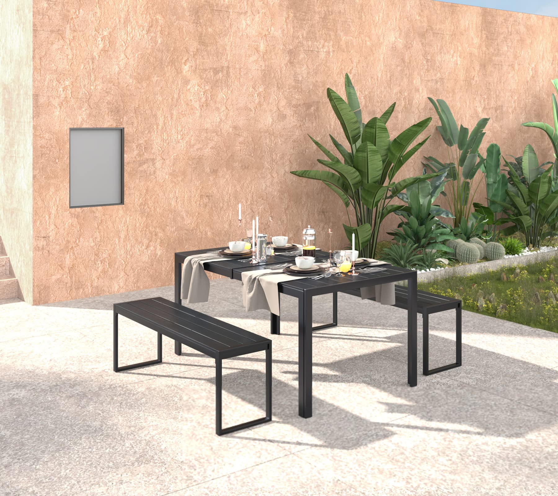 VICLLAX Patio Dining Set for 4, All Weather Outdoor Furniture Set Include Reclangle Patio Table and 2 Grey Outdoor Benches