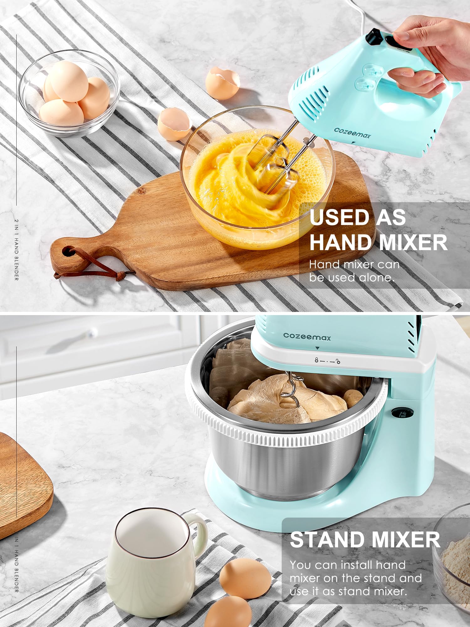 2 in 1 Hand Mixers Kitchen Electric Stand mixer with bowl 3 Quart, electric mixer handheld for Everyday Use, Dough Hooks & Mixer Beaters for Frosting, Meringues & More (Aqua)