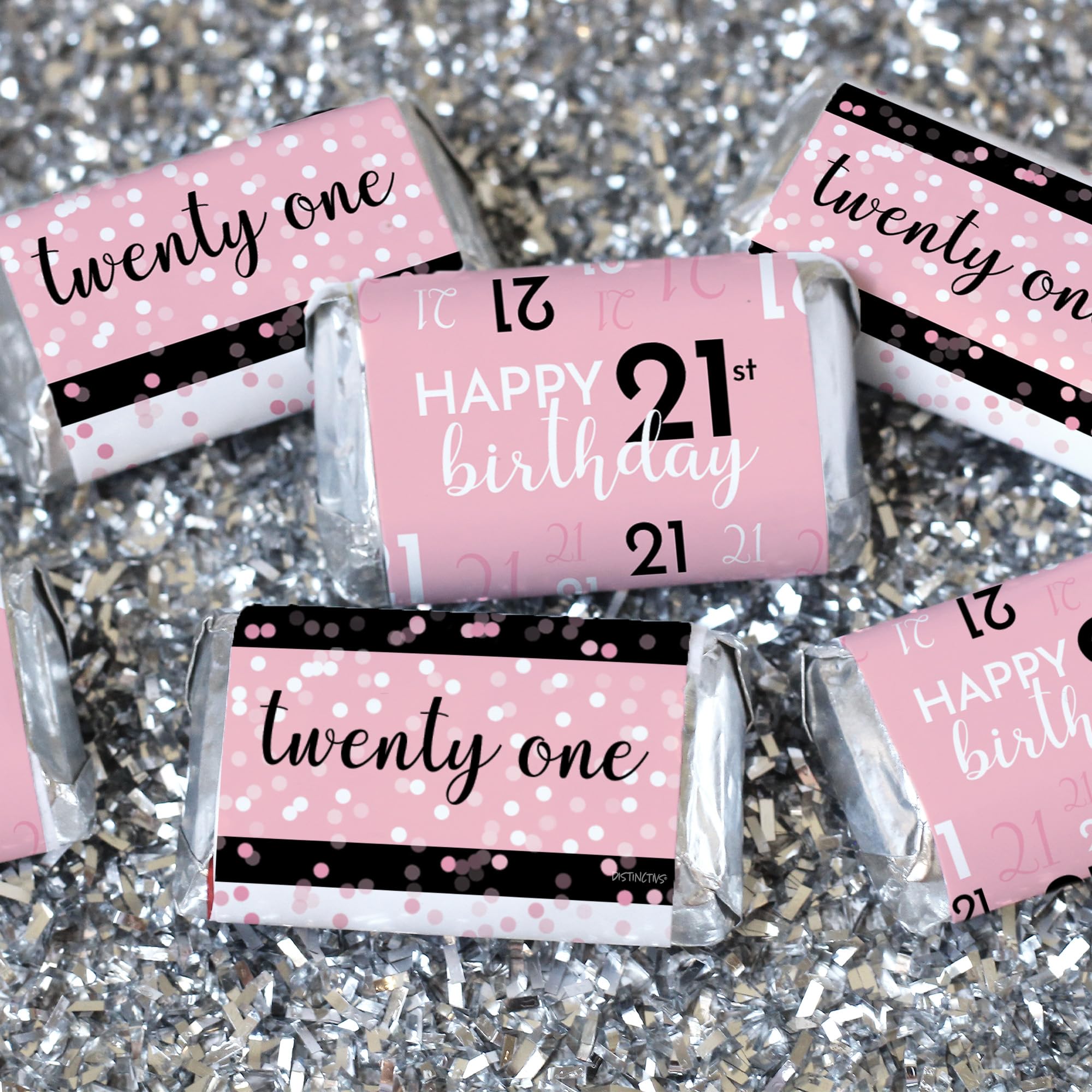 DISTINCTIVS Pink, Black, and White 21st Birthday Party Mini Candy Bar Wrappers - 45 Count - Milestone Birthday Party Supplies