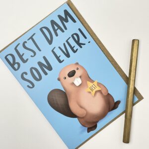 Old English Co. Best Dam Son Ever Birthday Greeting Card - Beaver Pun Funny Birthday Card for Son - Cute Card from Mum and Dad - Congratulations Well Done Son Card | Blank Inside with Envelope