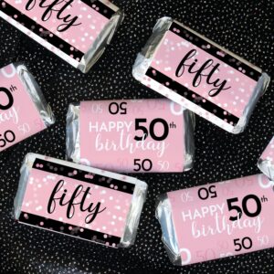 DISTINCTIVS Pink, Black, and White 50th Birthday Party Mini Candy Bar Wrappers - 45 Count, Pink Birthday Decorations for Women