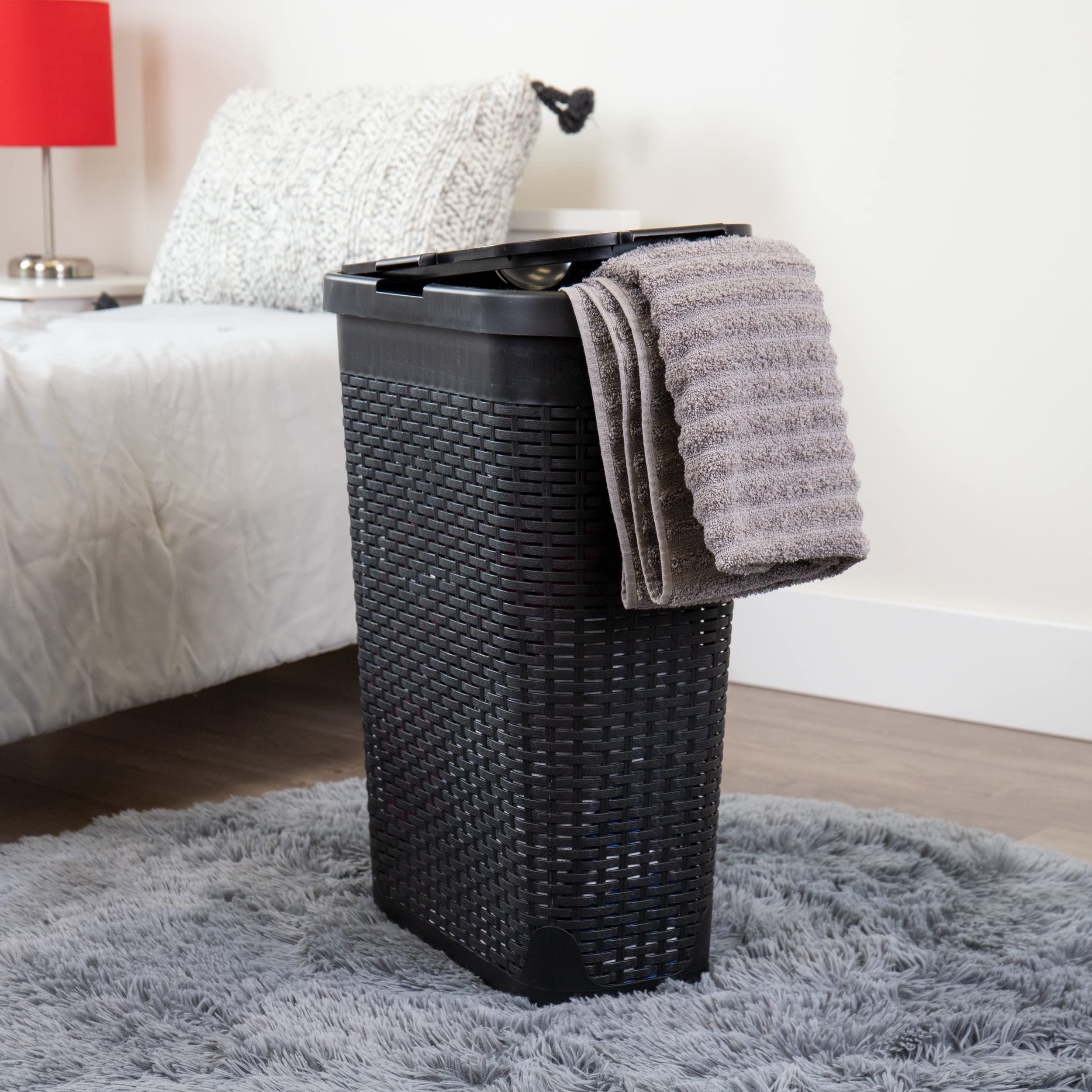 Mind Reader 40L Slim Laundry Hamper, Clothes Basket, Lid, Wicker Design, Plastic, 18"L x 10.4"W x 23.5"H, Set of 6, Black