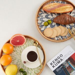 Round Rattan Tray with Mother of Pearl Inlay, Rattan Serving Tray with Wooden Base, Decorative Wicker Basket for Table Decor, Storage and Display of Coffee Bread Food Fruit (Leaf)