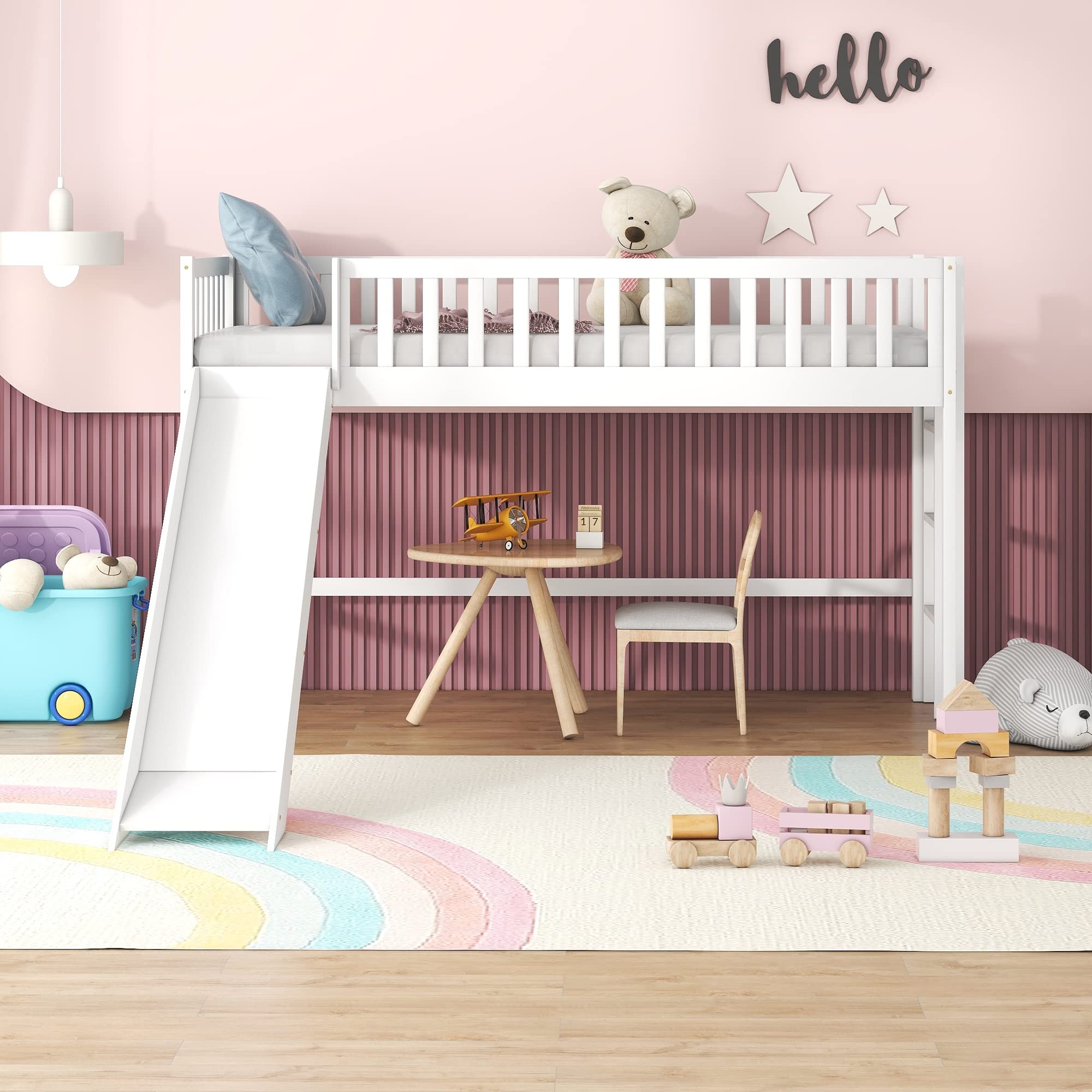 Bellemave Twin Size Low Loft Bed with Slide Wood Junior Loft Beds Frame with Ladder and Guardrails for Kids Boys Girls, White, White With Slide